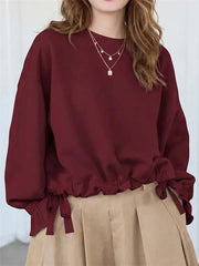 Women's Round Neck Drawstring Hem Casual Sweatshirt