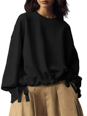 Women's Round Neck Drawstring Hem Casual Sweatshirt