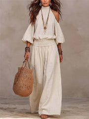 Women's High Neck Puff Sleeve Vacation Matching Outfit