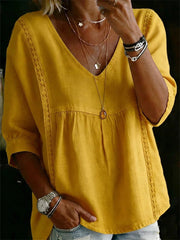 Women's V Neck 3/4 Sleeve Lace Trim Babydoll Blouse