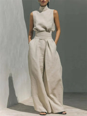 Women's Casual Minimalist High Neck Sleeveless Matching Wide Leg Trousers Set