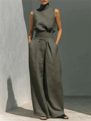 Women's Casual Minimalist High Neck Sleeveless Matching Wide Leg Trousers Set