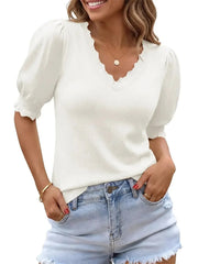 Women's Versatile Puff Sleeve Ruffle Trim Knit Blouse