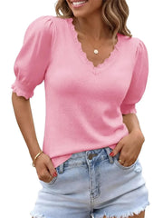 Women's Versatile Puff Sleeve Ruffle Trim Knit Blouse