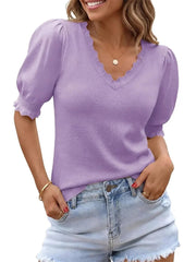 Women's Versatile Puff Sleeve Ruffle Trim Knit Blouse