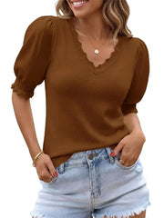 Women's Versatile Puff Sleeve Ruffle Trim Knit Blouse
