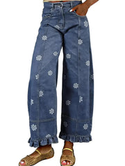 Women's Floral Ruffle Hem Wide Leg Jeans