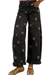 Women's Floral Ruffle Hem Wide Leg Jeans