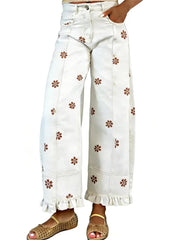 Women's Floral Ruffle Hem Wide Leg Jeans
