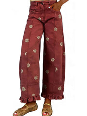 Women's Floral Ruffle Hem Wide Leg Jeans
