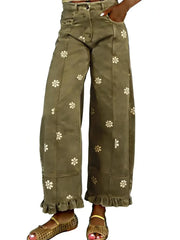 Women's Floral Ruffle Hem Wide Leg Jeans