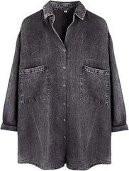 Women's Loose Collared 3/4 Sleeve Pocket Denim Shirt Tops