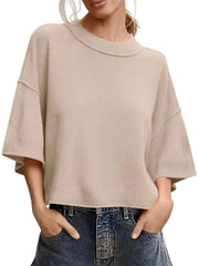 Women's Minimalist Crew Neck 3/4 Sleeve Oversized Knit Top