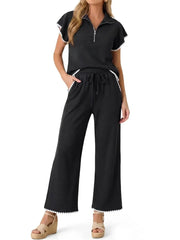 Women's Scallop Trim Zip Collar Two Piece Outfit