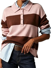 Women's Long Sleeve Striped Button Knit Polo Shirt