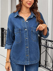 Women's Casual Drop Shoulder Buttons Collared Pockets Denim Blouse