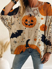 Women's Halloween Long Sleeve Pumpkin Bat Hollow out Knit Top