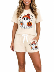 Women's Halloween Ghost Print Round Neck Tee & Shorts 2 Piece Pajama Set