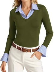 Women's Mock Two Piece Striped Collar Long Sleeve Top
