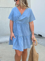 Denim Ruffle V-Neck Mini Dress