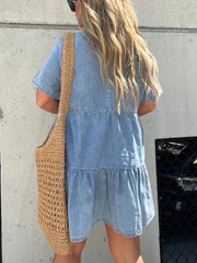 Denim Ruffle V-Neck Mini Dress