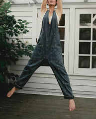 Women's Denim Sleeveless Loose Jumpsuit with Pockets
