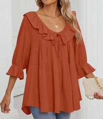 Women's 3/4 Sleeve Tie-Front Ruffled Babydoll Blouse