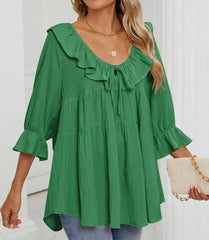 Women's 3/4 Sleeve Tie-Front Ruffled Babydoll Blouse