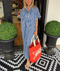 Women's V Neck Striped Shirt Dress