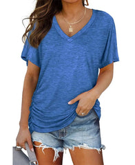 Women's Loose Fit Short Sleeve V Neck Shirts with Side Shirring