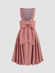Boat Neck Bowknot Backless Midi Dress