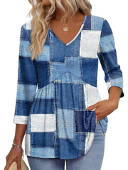 Women's V-Neck 3/4 Sleeve Ruffled hem Top