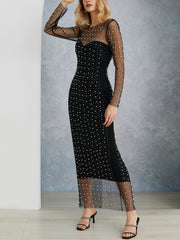 Full Pearl Sheer Mesh Cover-Up Maxi Dress