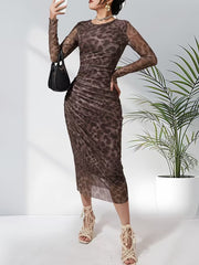 Women's Leopard Print Mesh Midi Dress