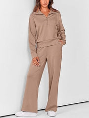 Women's Lapel Half Zip Sweatshirts And Wide Leg Pants Tracksuit Sets
