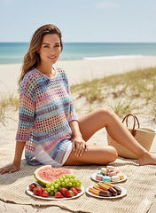 Women's 3/4 Sleeve Hollow Out Color Block Striped Tops