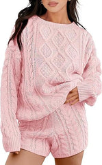 Winter Cable Knit Sweaters Shorts Matching Set