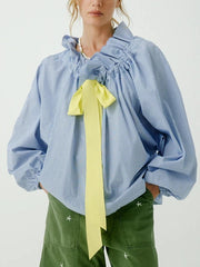 Women's Ruffled Neckline Striped Blouse