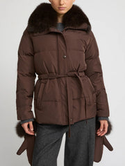 Women's Belted Jacket With Detachable Fox Fur Collar
