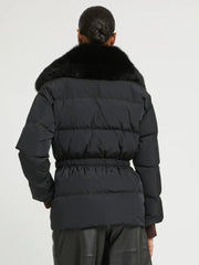 Women's Belted Jacket With Detachable Fox Fur Collar