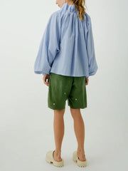 Women's Ruffled Neckline Striped Blouse
