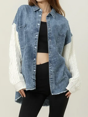 Cozy Sweater Sleeve Denim Shacket