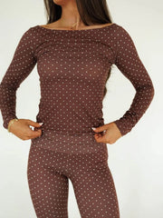 Women Fitted Polka Dot Long-Sleeve Top & Flared Pants Set