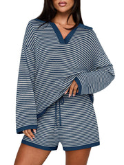 Women's Spring Striped Color-Block Lapel Two-Piece Set