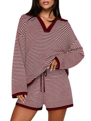 Women's Spring Striped Color-Block Lapel Two-Piece Set