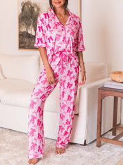 Women's Bow Knot Print Lapel Collar Short Sleeve and Pants Pajamas Set