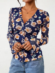 Women's Bohemian Garden Flower Ruched Button Top