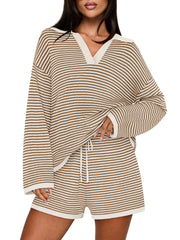 Women's Spring Striped Color-Block Lapel Two-Piece Set