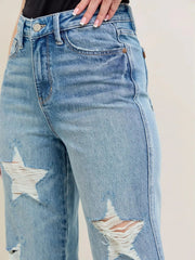 Women's Ripped Star Pattern Straight-Leg Denim Pants