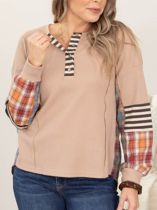 Women's Long Sleeve Striped And Plaid Patchwork Top